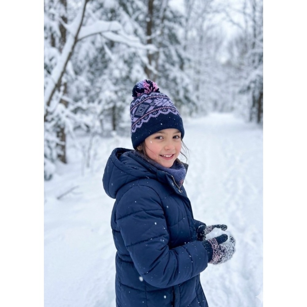 Smiley Kids Pure Wool Fair Isle Beanie Navy Purple Pink Pom Pom Hat USA Made